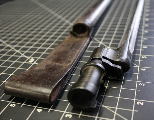 Mosin 91/30 Early Cavalry Carbine bayonet and leather scabbard Mosin 91/30 Early Cavalry Carbine bayonet and leather scabbard