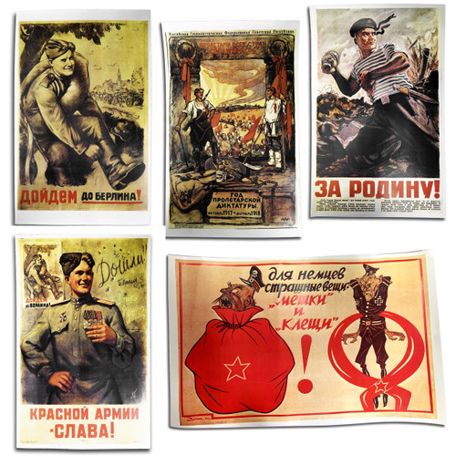 Russian WWII Patriotic Poster Set comes with a free pack of 5 original Russian Military Badges Russian WWII Patriotic Poster Set comes with a free pack of 5 original Russian Military Badges