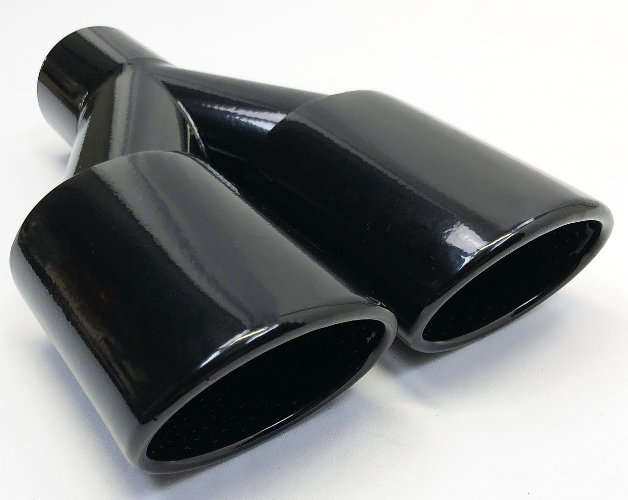 Exhaust Tip 2.25 In Inlet Dual 3.00 Oval X 2.50 High Outlets 9.75 In Long  Resonated Gloss Black 304 Stainless WDOR30250975-225-GBK-SS Wesdon Exhaust 