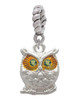 Owl with Lime Green Crystal Eyes Rope Charm Bead Dangle