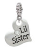Large ''Lil Sister'' Heart with Clear Crystal Rope Charm Bead Dangle
