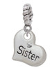 Small ''Sister'' Heart with Clear Crystal Rope Charm Bead Dangle