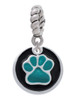 Teal Paw on Black Disc Rope Charm Bead Dangle
