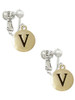 Capital Gold Tone Letter - V - Pebble Disc - Clip On Earrings