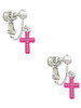 Small Hot Pink Crystal Cross Clip On Earrings