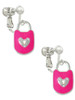 Hot Pink Enamel Lock with Clear Crystals Clip On Earrings