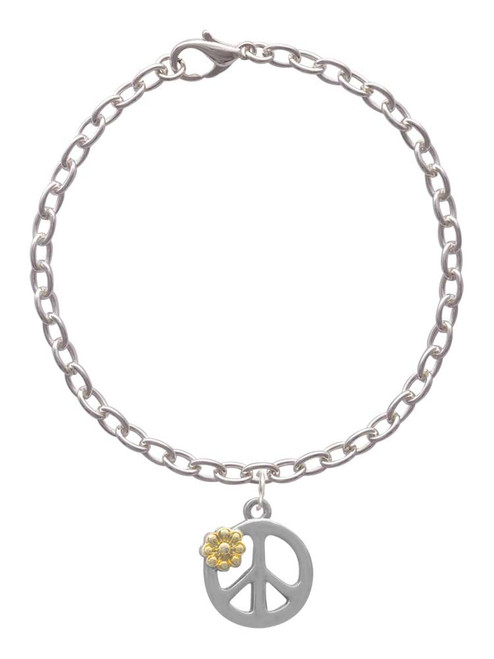 Large Peace Sign with Gold Tone Daisy and Crystal Charm Bracelet