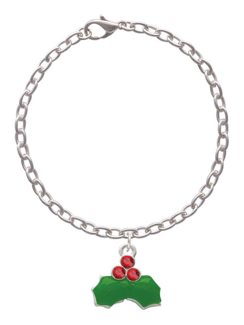 Christmas Holly & Red Crystal Berries Charm Bracelet