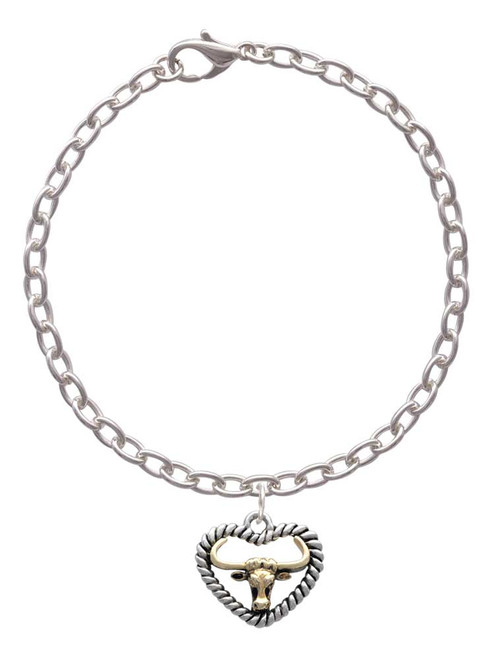 Gold Tone Longhorn in Rope Heart Charm Bracelet