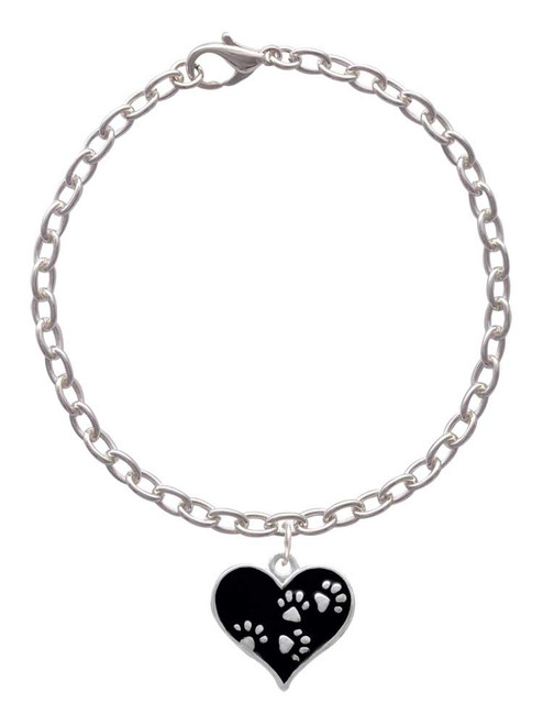 Black Enamel Heart with Paw Prints Charm Bracelet
