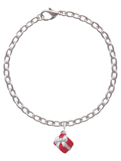 Small 3-D Red Present Box with Bow Charm Bracelet
