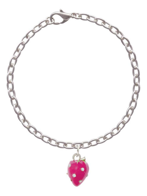 Large 3-D Hot Pink Strawberry with Crystals Charm Bracelet