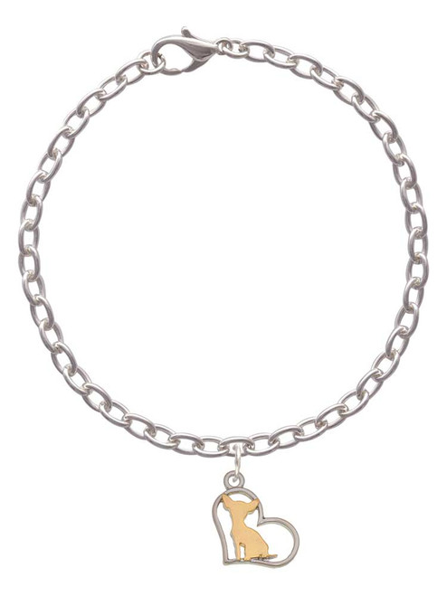 Two Tone Chihuahua Silhouette Heart Charm Bracelet