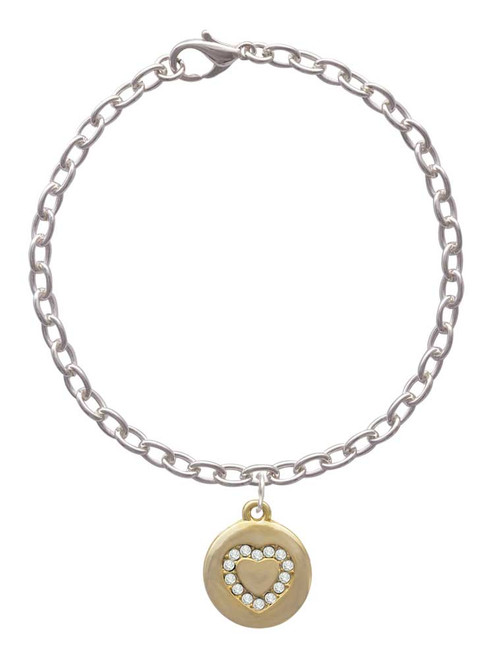 Gold Tone Disc with Crystal Heart Charm Bracelet