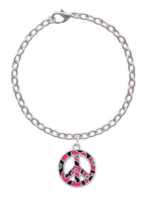 Large Hot Pink Cheetah Print Peace Sign Charm Bracelet