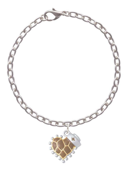 Brown Giraffe Print Heart with Nurse Hat Charm Bracelet