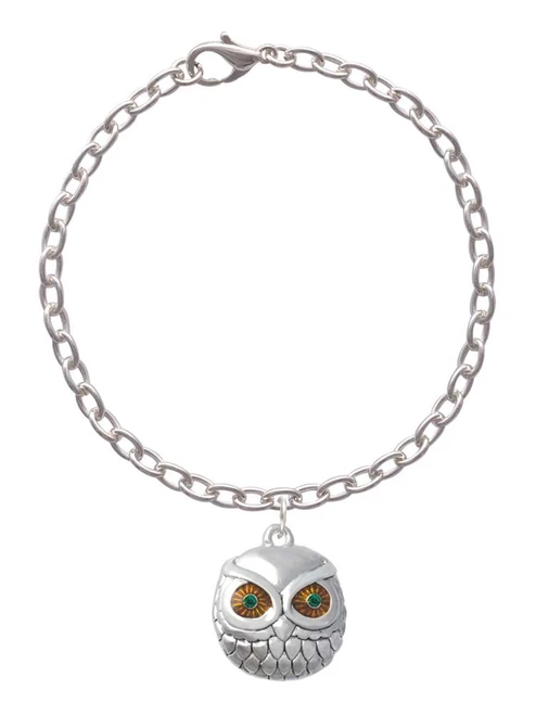 Large Round Owl with Green Crystal Eyes Charm Bracelet