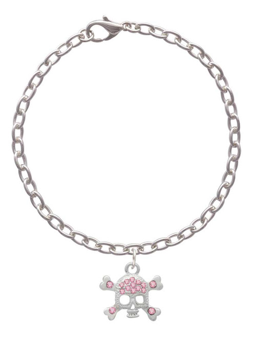 Skull and Crossbones with Pink Crystals Charm Bracelet