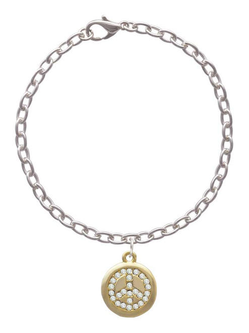 Gold Tone Disc with Crystal Peace Sign Charm Bracelet