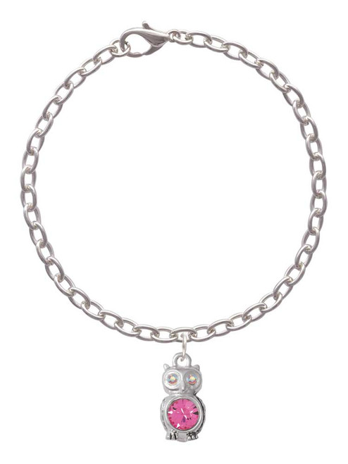 3-D Hot Pink & AB Crystal Owl Charm Bracelet