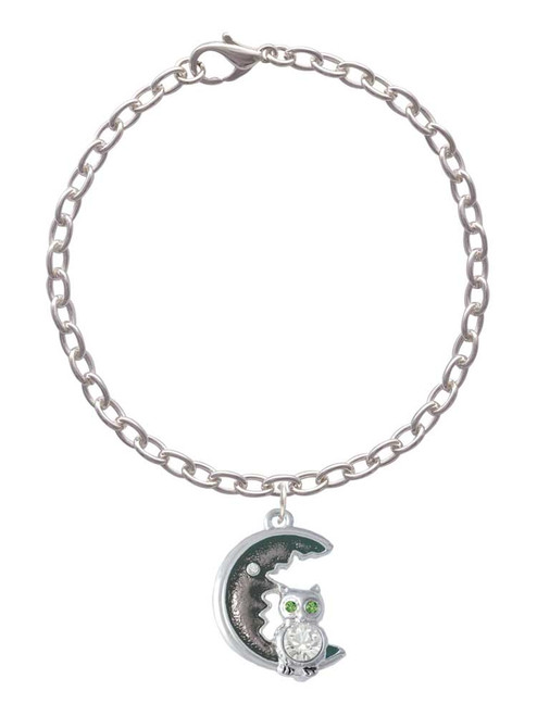 Large Crystal Owl Sitting on Black Moon Charm Bracelet
