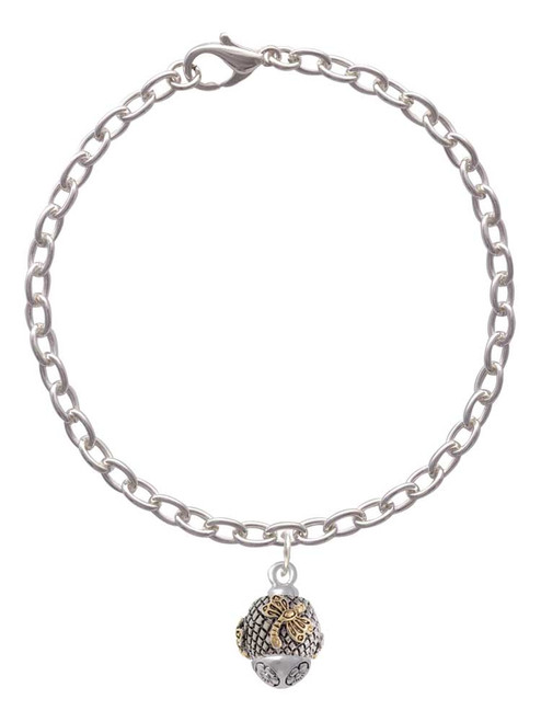 Gold Tone Dragonfly on Silver Tone Hatched Background Spinner Charm Bracelet