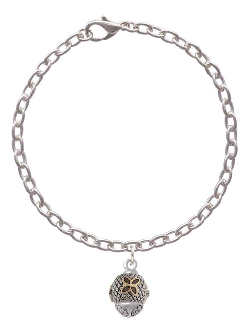 Gold Tone Flower on Silver Tone Hatched Background Spinner Charm Bracelet