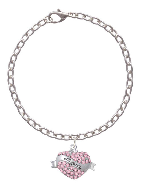 Mom Banner on Pink Crystal Heart Charm Bracelet