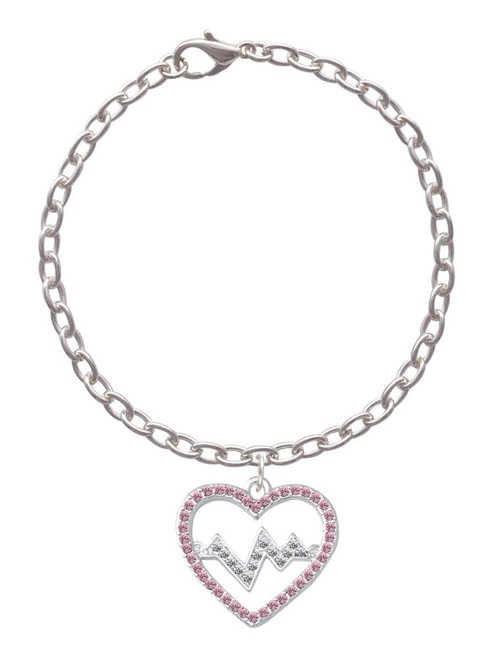 Large Pink Crystal Heart with Clear Heartbeat Charm Bracelet