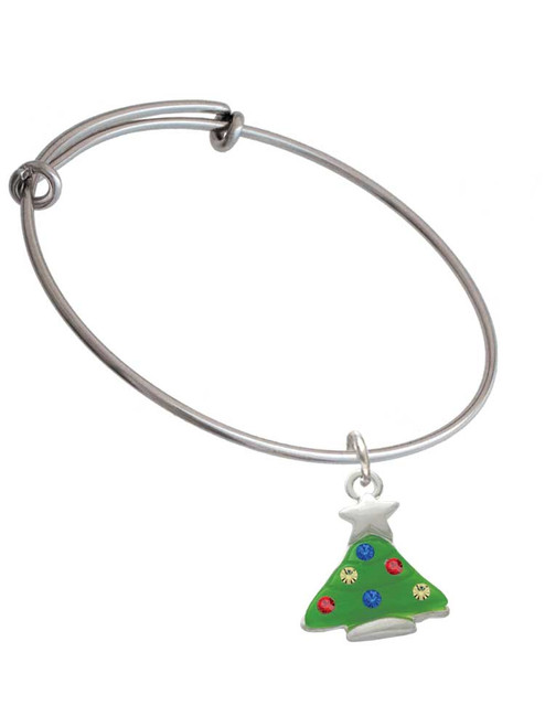 Green Resin Christmas Tree with Crystals Charm Bangle Bracelet