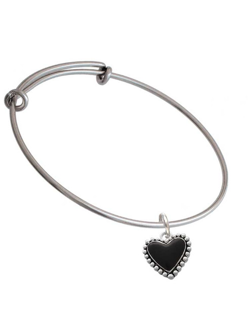 Black Heart with Beaded Border Charm Bangle Bracelet
