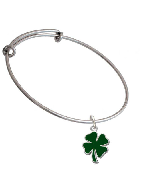 Two Sided Green Enamel Lucky Four Leaf Clover Charm Bangle Bracelet