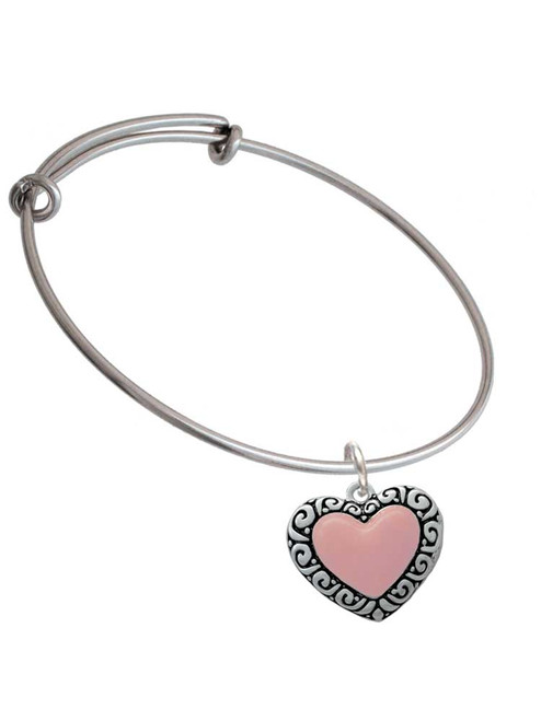 Large Pink Enamel Heart with Swirl Border Charm Bangle Bracelet