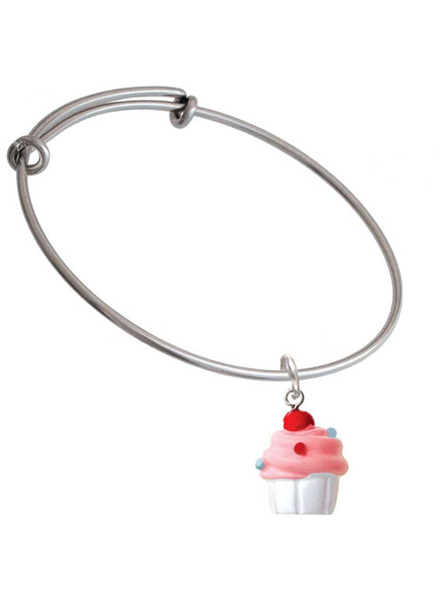 Resin White Cupcake with Pink Frosting Charm Bangle Bracelet