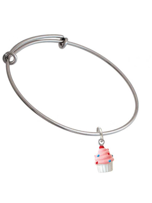 Resin Mini White Cupcake with Pink Frosting Charm Bangle Bracelet