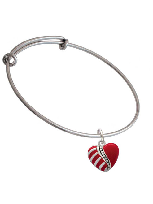 Striped Red Enamel Heart with Beaded Decoration Charm Bangle Bracelet