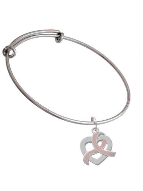 Heart Outline with Pink Ribbon Looping Through Charm Bangle Bracelet