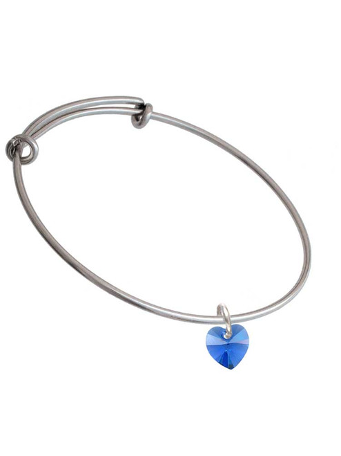 Blue Crystal Heart Charm Bangle Bracelet