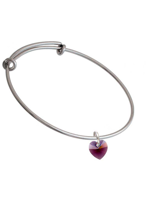 Purple Crystal Heart Charm Bangle Bracelet