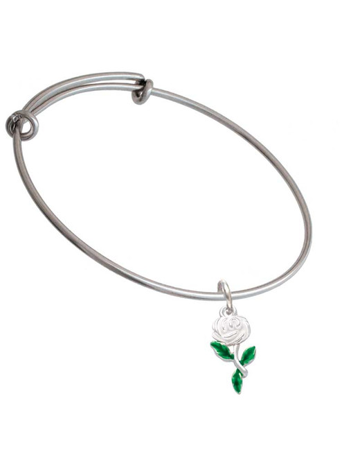 White Rose Flower Charm Bangle Bracelet