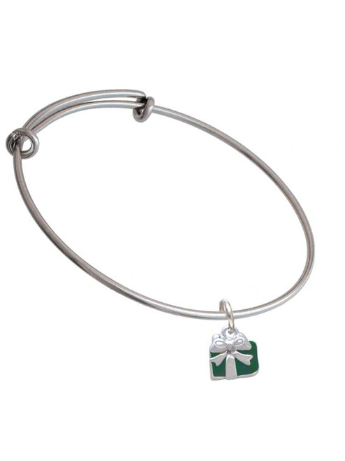 Small Green Enamel Present Charm Bangle Bracelet