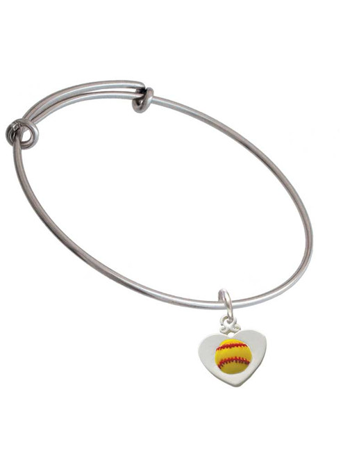 Softball in Heart Charm Bangle Bracelet