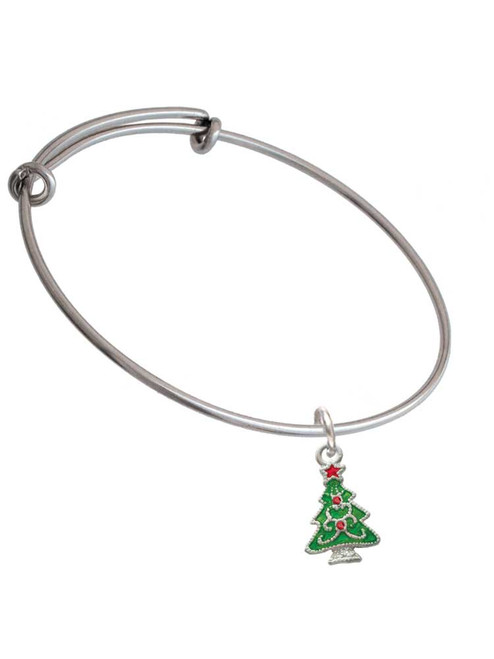 Green Christmas Tree with Red Crystals Charm Bangle Bracelet