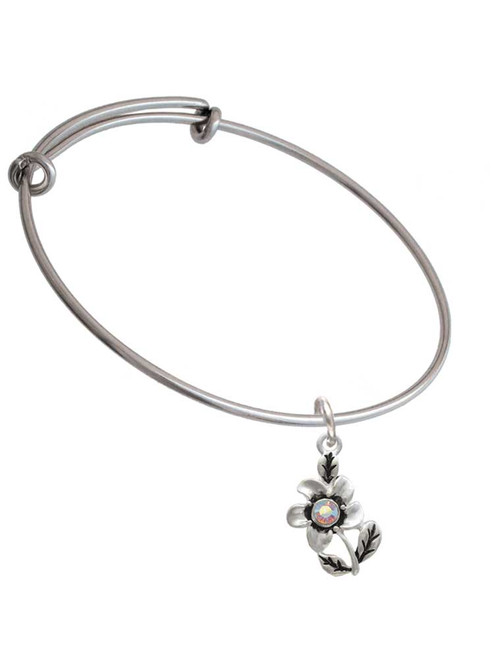 Flower with AB Crystal Charm Bangle Bracelet