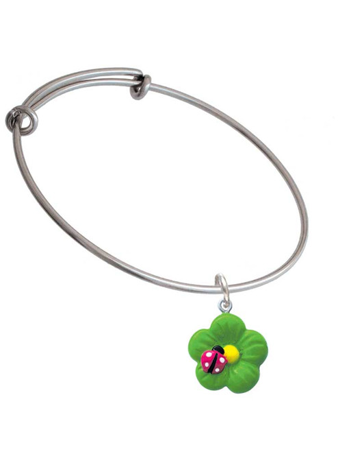 Resin Lime Green Daisy Flower with Hot Pink Ladybug Charm Bangle Bracelet