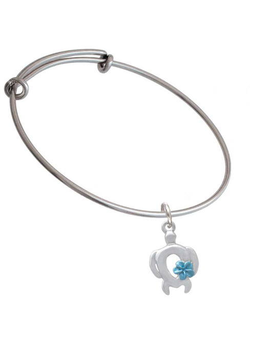 Open Sea Turtle with Blue Plumeria Charm Bangle Bracelet