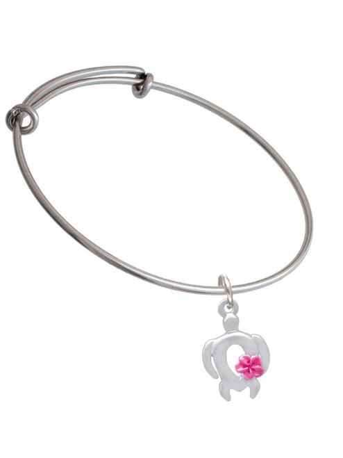 Open Sea Turtle with Hot Pink Plumeria Charm Bangle Bracelet
