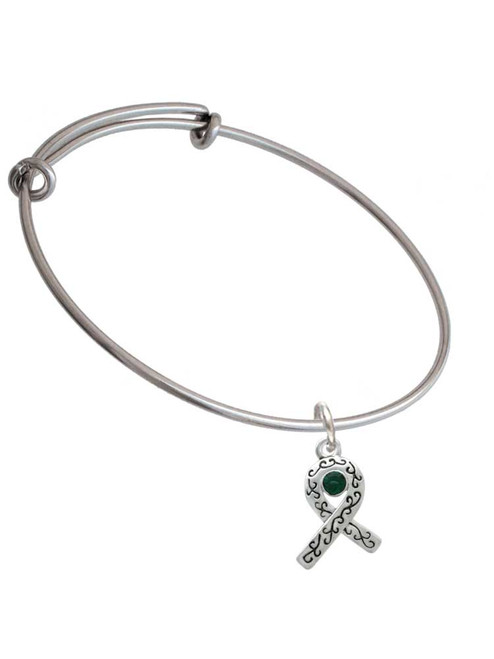 Scroll Ribbon with Green Crystal Charm Bangle Bracelet