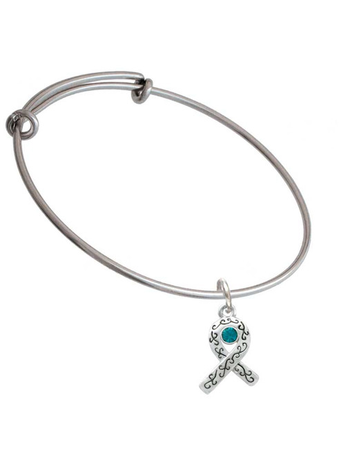 Scroll Ribbon with Teal Crystal Charm Bangle Bracelet