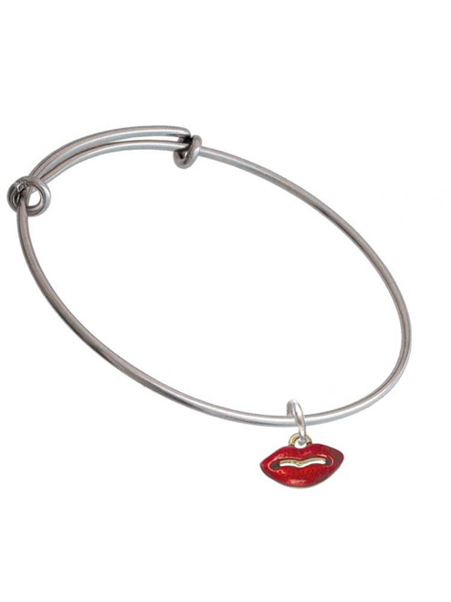 Small Gold Tone Translucent Red Lips Charm Bangle Bracelet